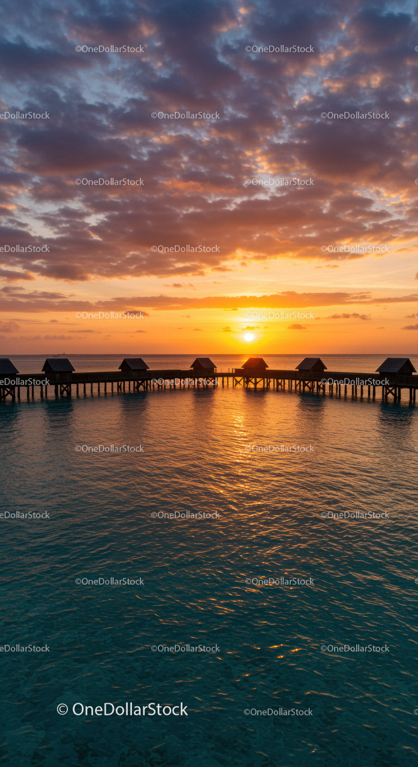 Beautiful Sunset Over Calm Ocean with Overwater Bavilions