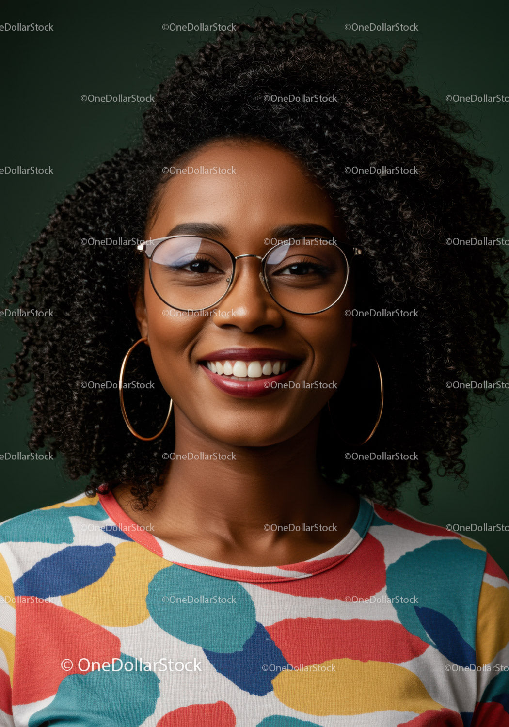Elegant Young Woman with Curly Hair Wearing Glasses and Colorful Shirt