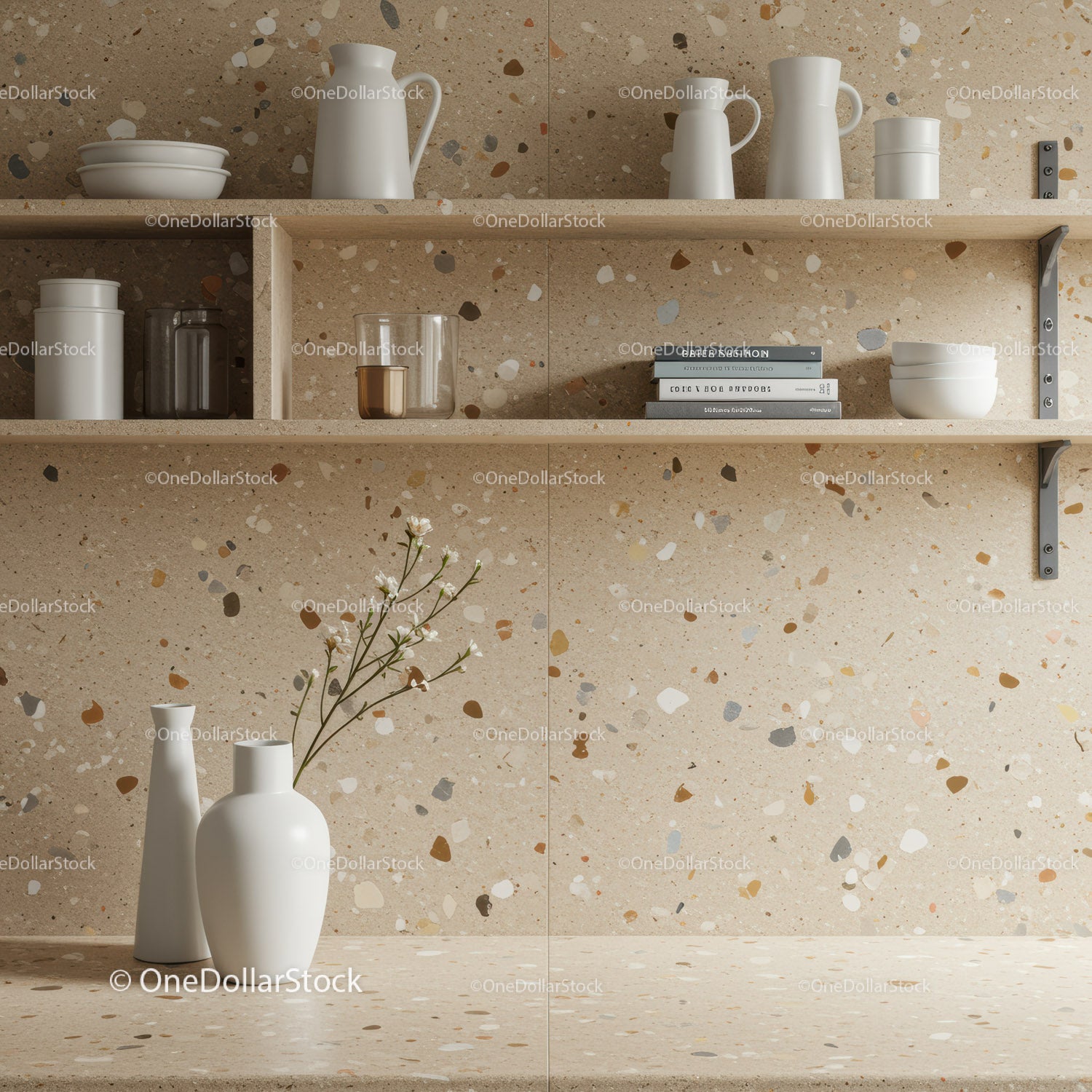 Terrazzo Wall Shelf with Ceramic Vases and Bowls in Modern Kitchen
