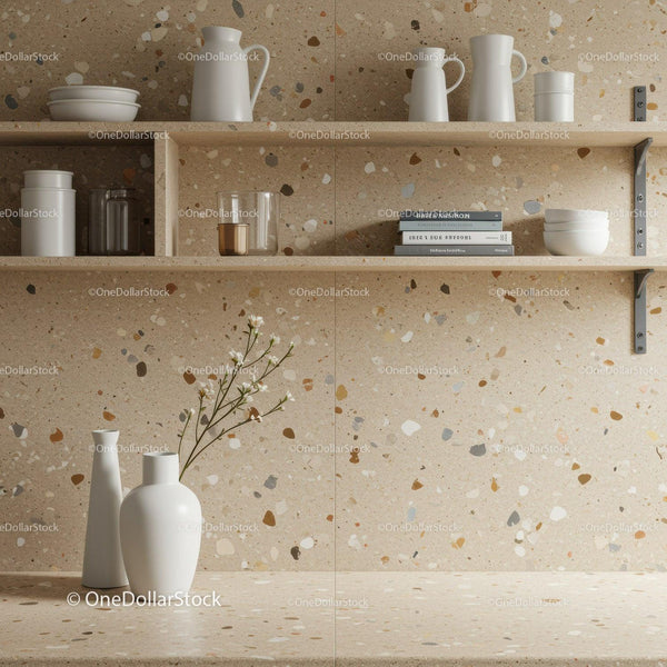 Półka Ścienna z Terrazzo z Ceramicznymi Wazonami i Miskami w Nowoczesnej Kuchni