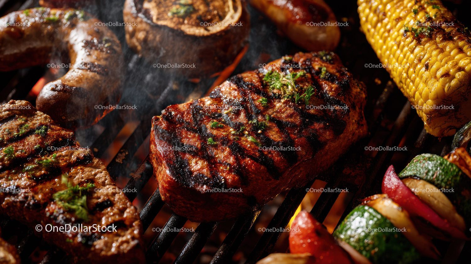 Soczysty grillowany stek z ziołami i przypaloną kukurydzą na grillu na świeżym powietrzu