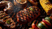 Juicy Grilled Steak with Herbs and Charred Corn on Outdoor Barbecue
