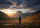 Majestic Mountain Sunset Scene with Hiker Trekking Through Alpine Landscape