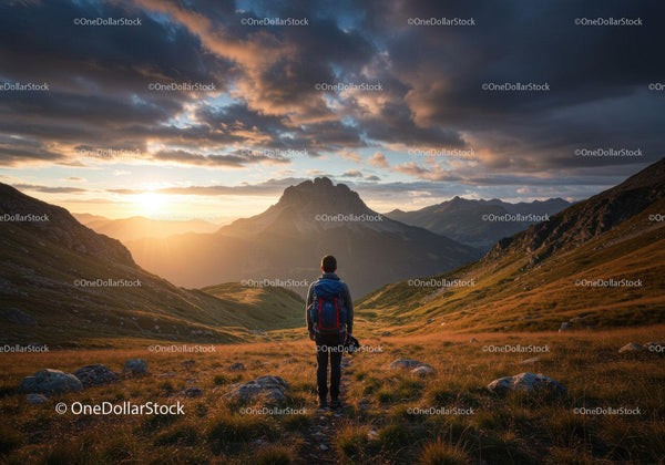 Majestic Mountain Sunset Scene with Hiker Trekking Through Alpine Landscape