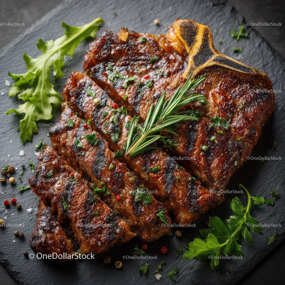 Grilled Beef Ribs with Fresh Green Herbs on Plate