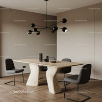 Minimalist Wooden Dining Table with Black Chairs and Modern Chandelier