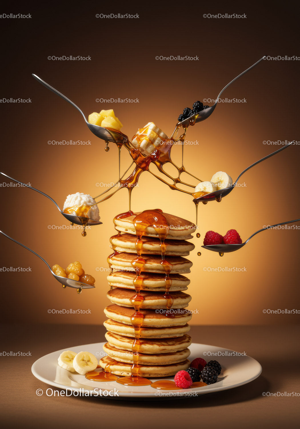 Stack of fluffy pancakes topped with dripping syrup and fruits