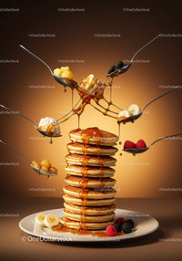 Stack of fluffy pancakes topped with dripping syrup and fruits
