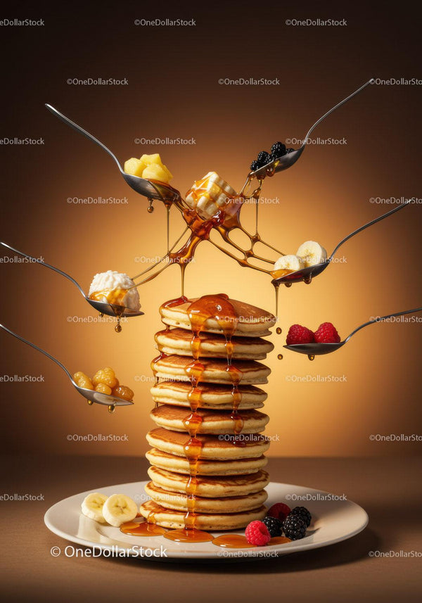 Stack of fluffy pancakes topped with dripping syrup and fruits