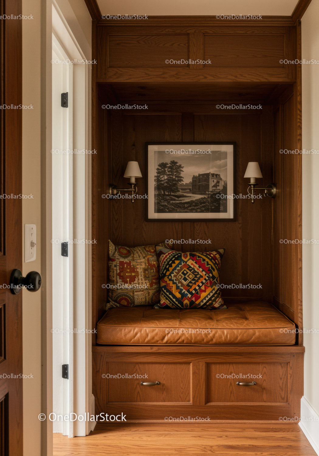 Elegant Wooden Nook with Cushioned Seating and Wall Sconces