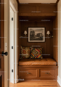 Elegant Wooden Nook with Cushioned Seating and Wall Sconces