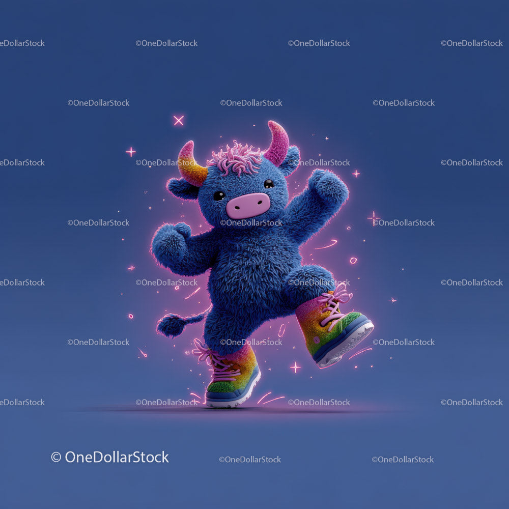 Cute Blue and Pink Furry Plush Monster with Neon Glow