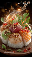 Fresh Sushi Plate with Salmon Tuna Rice Garnishes and Soy Sauce