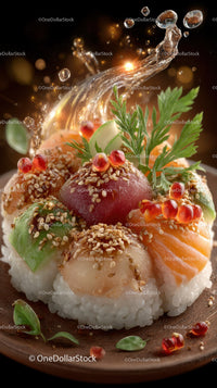 Fresh Sushi Plate with Salmon Tuna Rice Garnishes and Soy Sauce