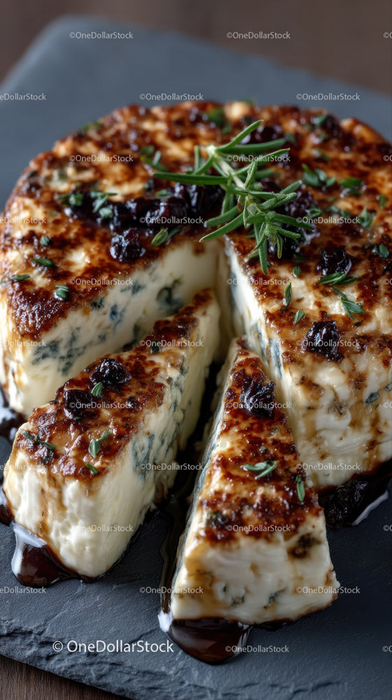 Artisan Blue Cheese Wheel on Dark Rustic Surface in Gourmet Food Setting