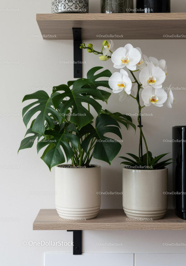 Elegant Orchid and Monstera Plants on Modern Wooden Shelf