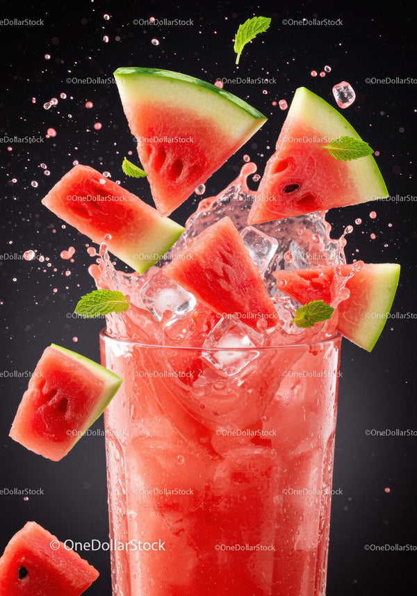 Refreshing watermelon slices splashing into vibrant drink