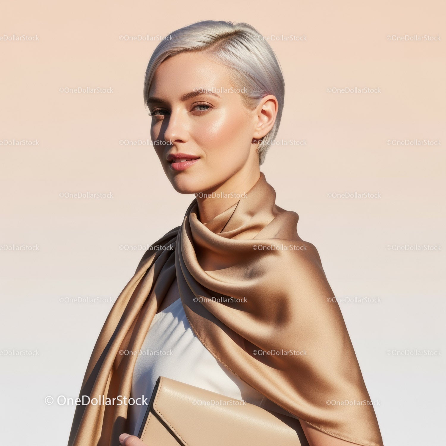 Elegant Woman with Short Blonde Hair in Beige Satin Scarf and White Dress