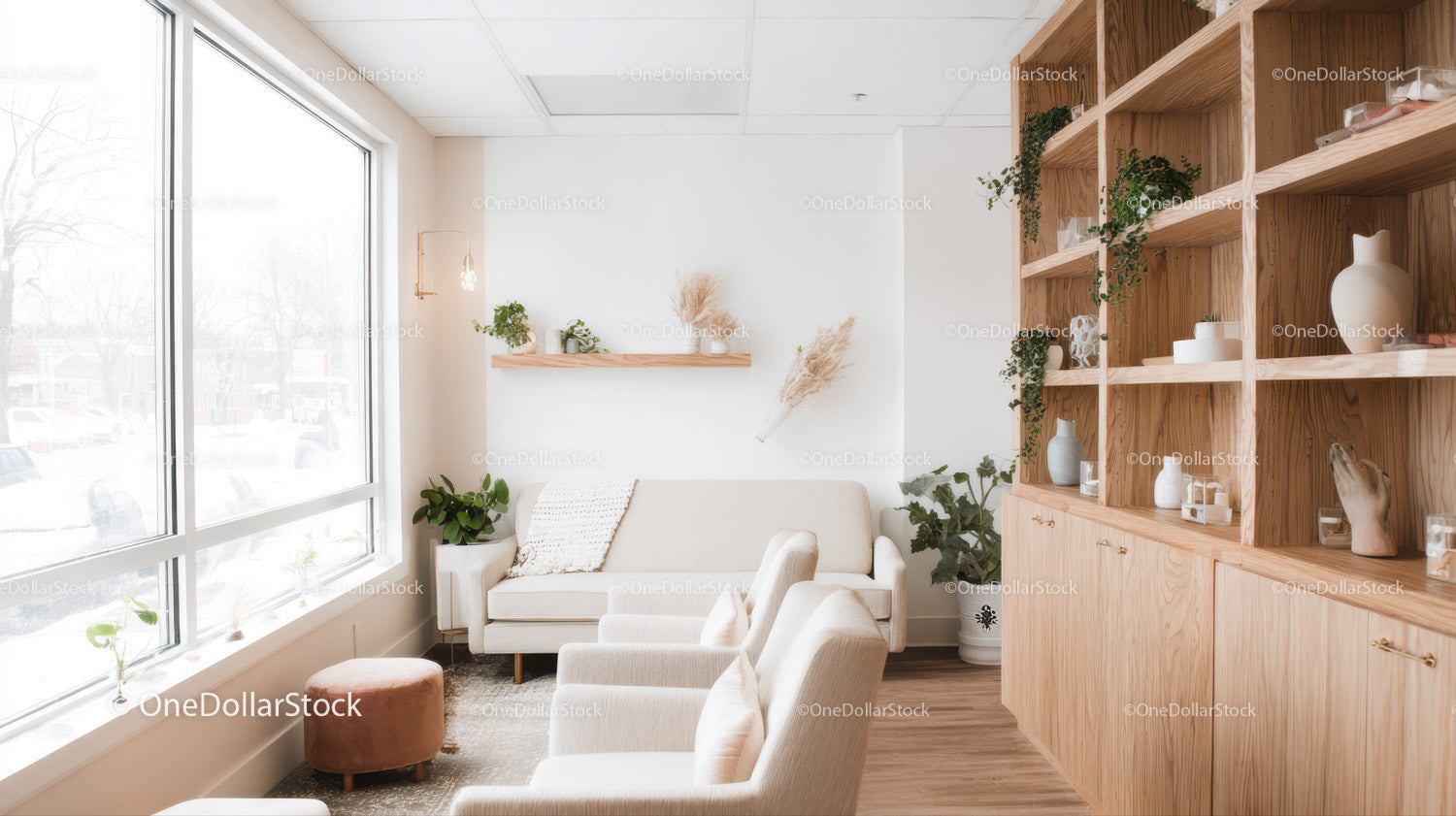Bright Minimalist Living Room with Indoor Plants and Wooden Shelves