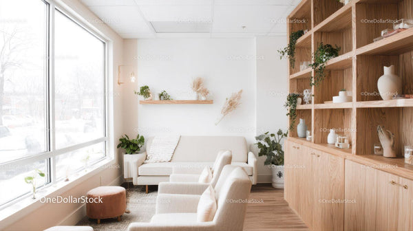 Jasny minimalistyczny salon z roślinami doniczkowymi i drewnianymi półkami