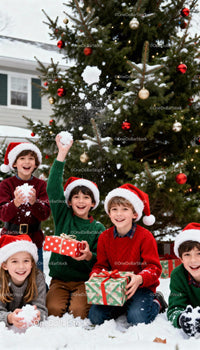 Happy children celebrating Christmas with gifts and snow