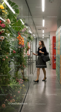 Stylish Office Space with Lush Greenery and Vibrant Lockers