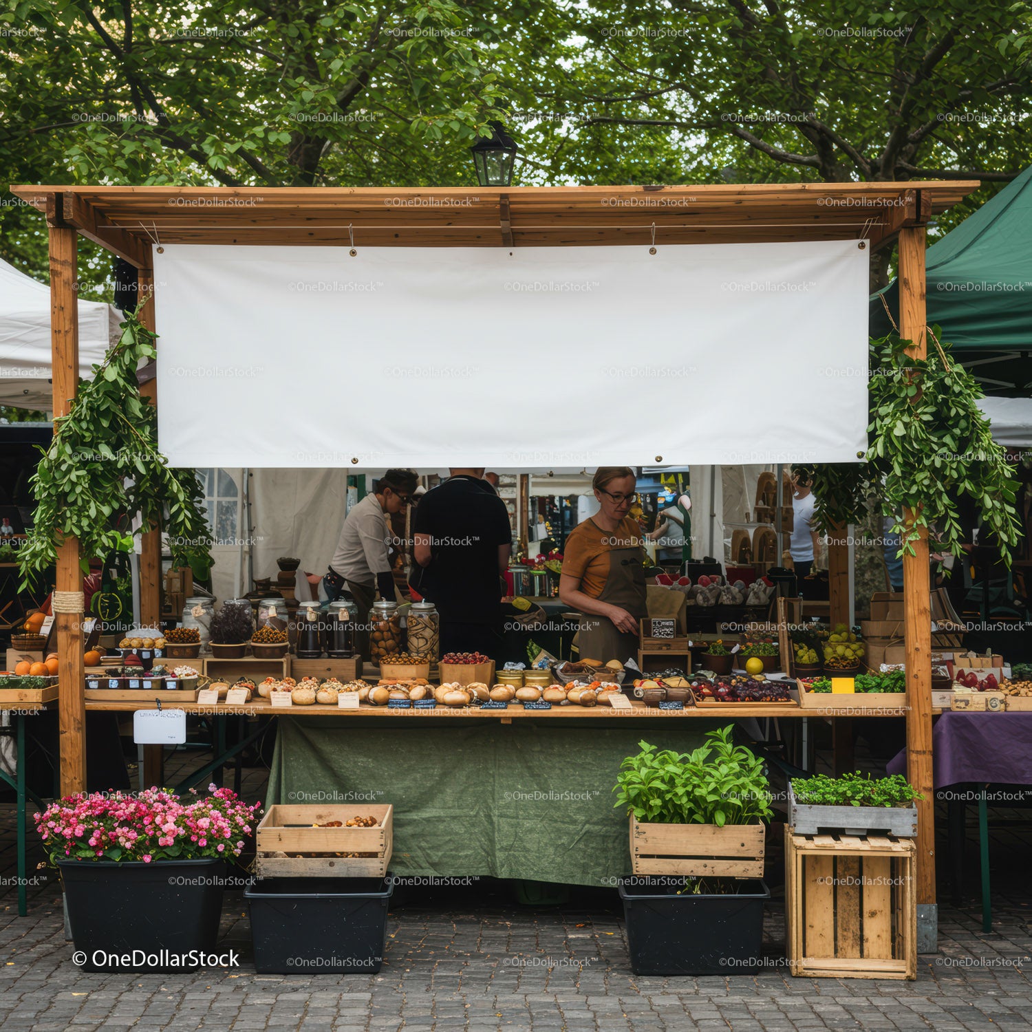 Outdoor Market Stall Offering Fresh Organic Produce and Baked Goods