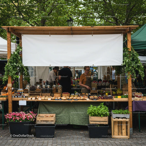 Outdoor Market Stall Offering Fresh Organic Produce and Baked Goods JPG Mockup Image