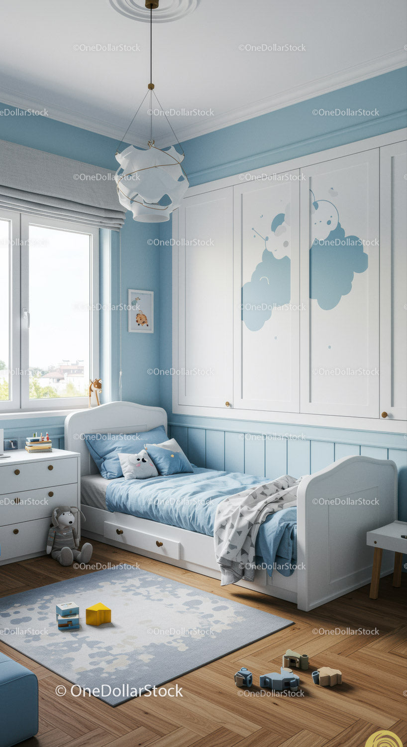 Beautiful Kid's Bedroom with Blue and White Theme and Cloud Murals