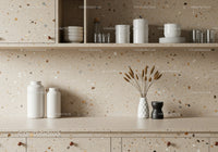 Minimalist Kitchen Decor with Terrazzo Surface and Ceramic Vases