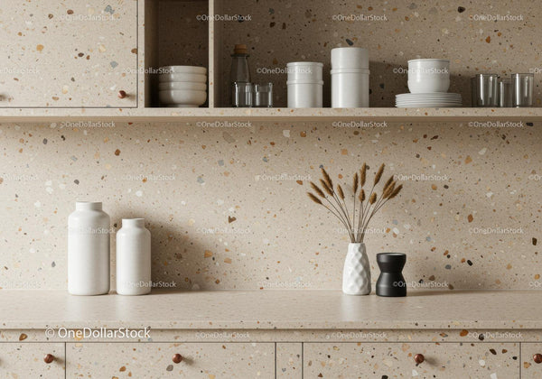 Minimalist Kitchen Decor with Terrazzo Surface and Ceramic Vases