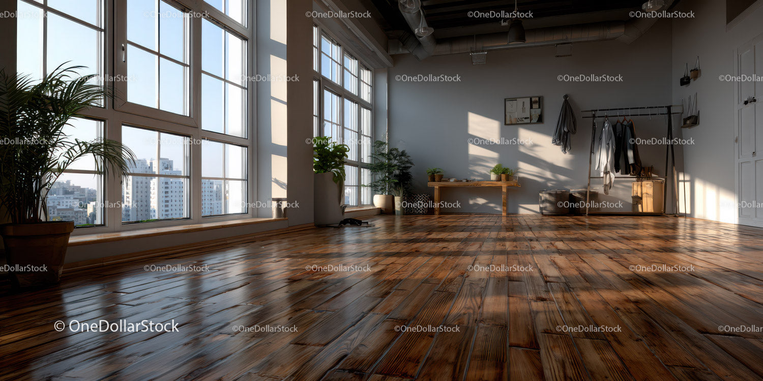 Bright Modern Interior with Large Windows and Wooden Floor