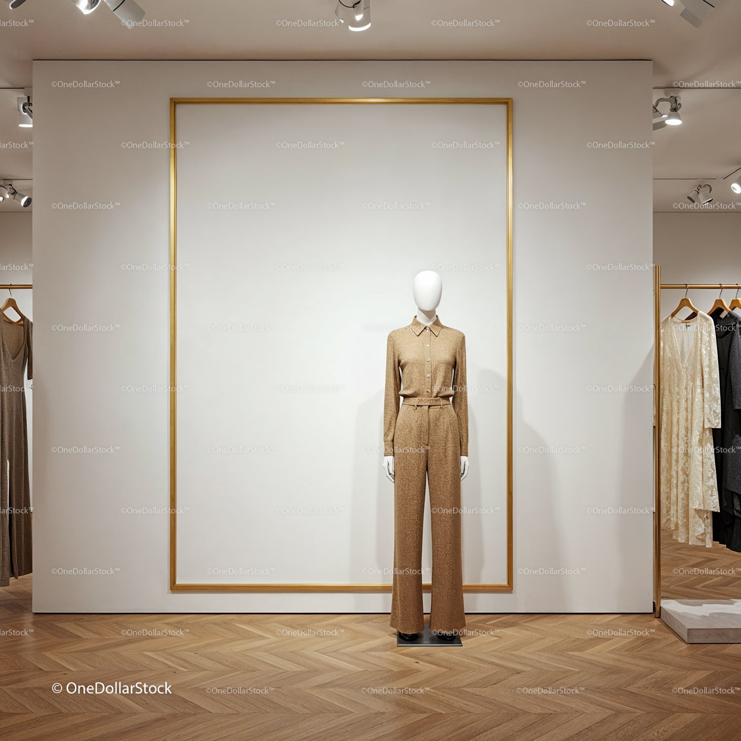 Minimalist mannequin showcasing beige stylish outfit in boutique