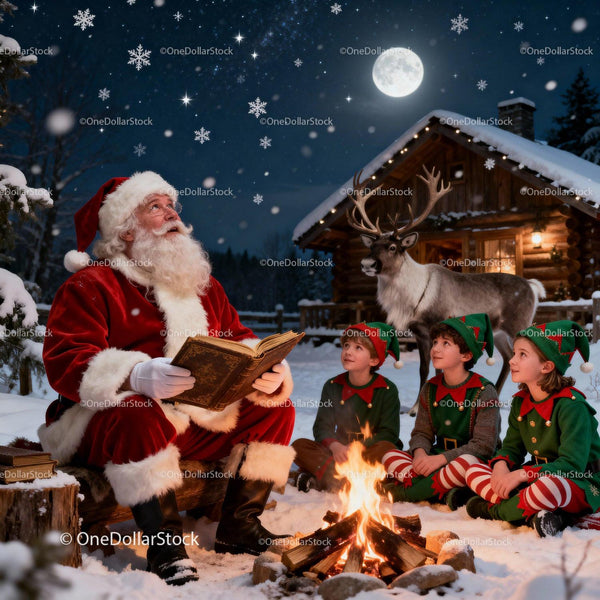 Santa Claus Storytelling by Campfire with Elves and Reindeer