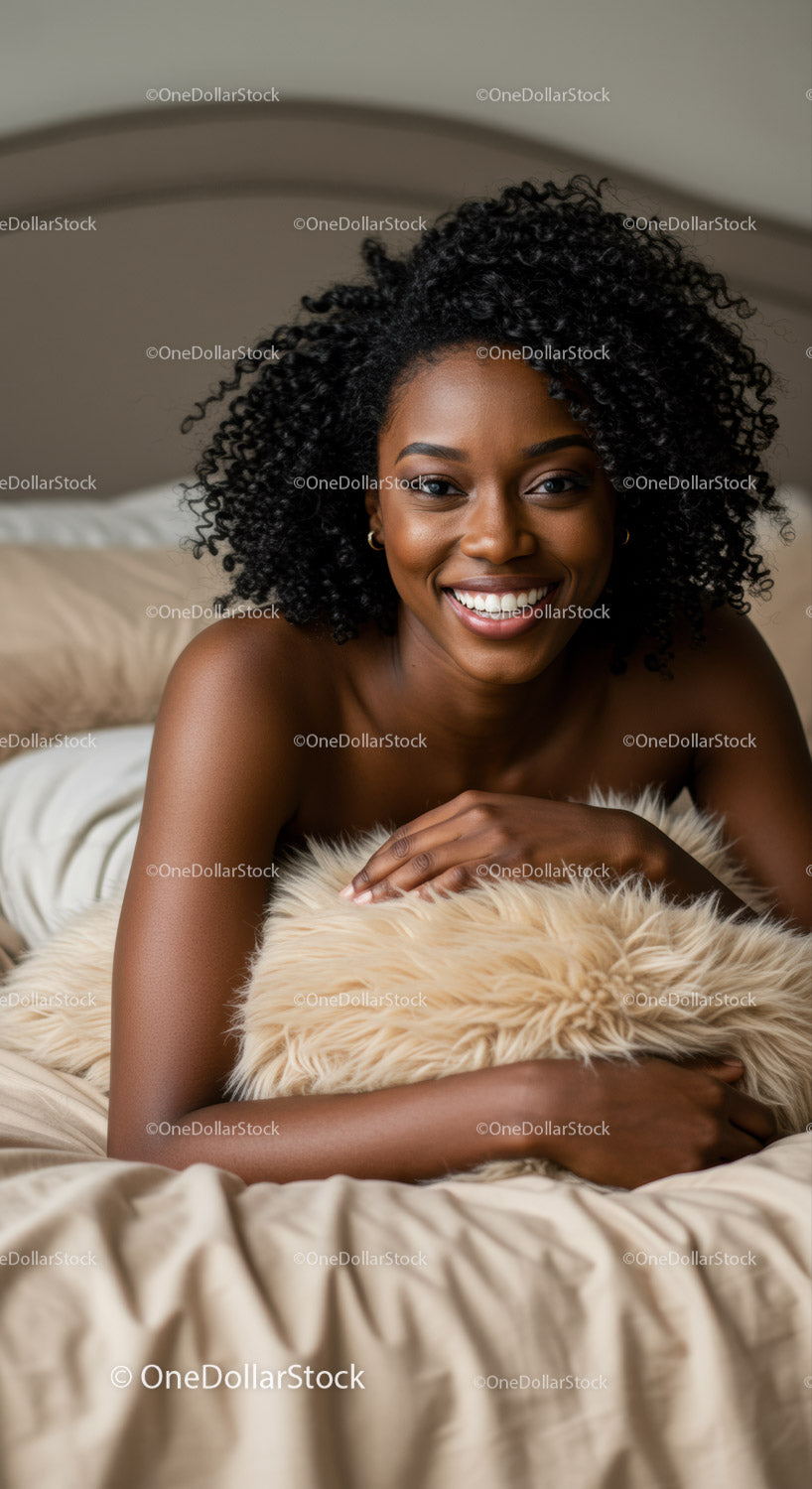 Smiling woman relaxing on bed with soft pillow