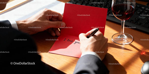 Man Writing a Romantic Note on Red Card with Wine Glass