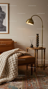 Cozy leather chair with knitted blanket and warm lighting
