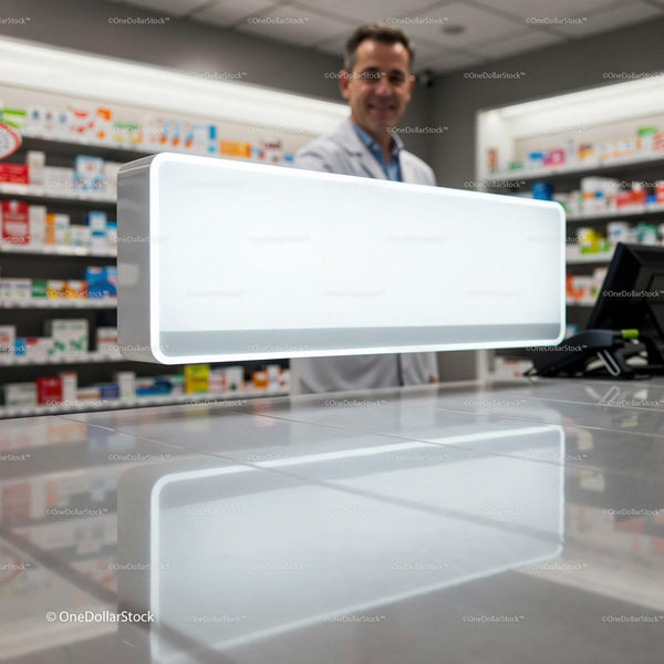 Smiling pharmacist behind illuminated counter in pharmacy JPG Mockup Image
