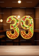 Number 39 made with taco ingredients on wooden table