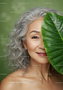 Elegant Elderly Woman with Gray Hair and Green Leaves in Natural Setting