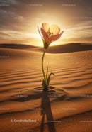 Delicate flower blooming alone in desert sunset