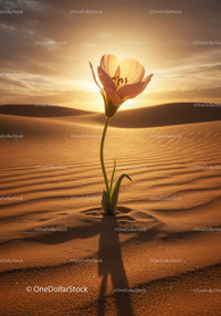 Delicate flower blooming alone in desert sunset