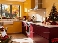 Cozy kitchen with festive Christmas decorations and warm light