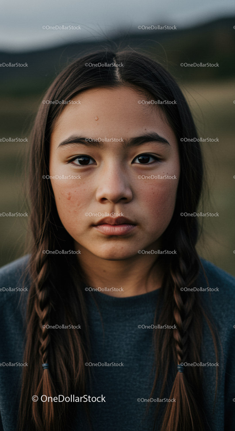 Serious Young Woman Portrait Against Natural Hillside Landscape
