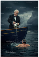 Stormy Ocean Rescue Scene with Elderly Man Pouring Water in Dark Sky