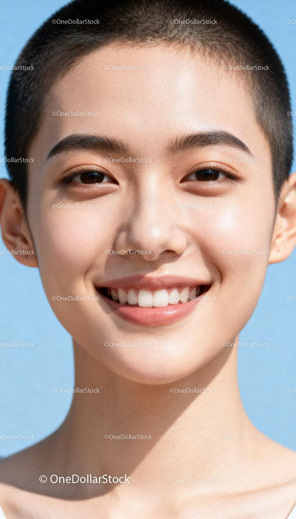 Close-up of smiling young woman with shaved head