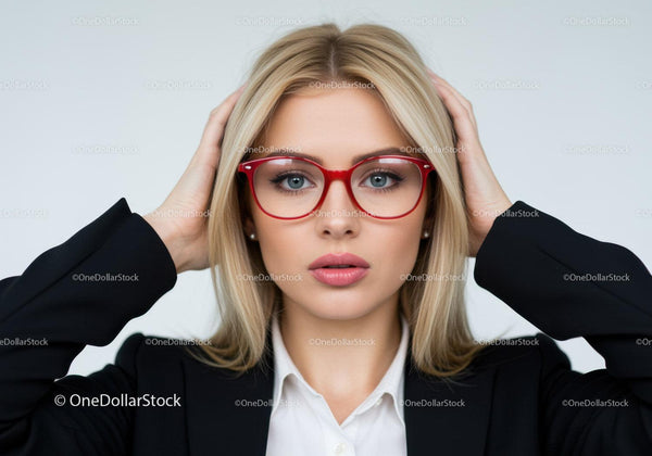Businesswoman Wearing Red Glasses with Blonde Hair and Stylish Outfit