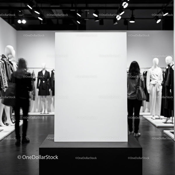 Blank white display board in modern fashion showroom JPG Mockup Image