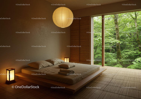 Minimalist Japanese bedroom with forest view and soft lighting
