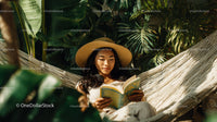 Woman Relaxing in Hammock Surrounded by Tropical Foliage